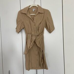 Elegant Tan Button-Up Dress with Tie Waist